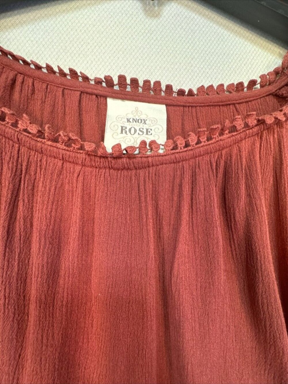 Knox Rose Womens Flowy Boho Peasant Blouse Size Medium Burnt Orange Crochet - Picture 6 of 13